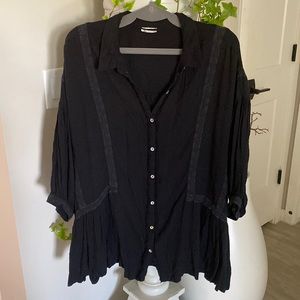 Free People Black Lace Embellished Button Down Tunic Blouse Medium
